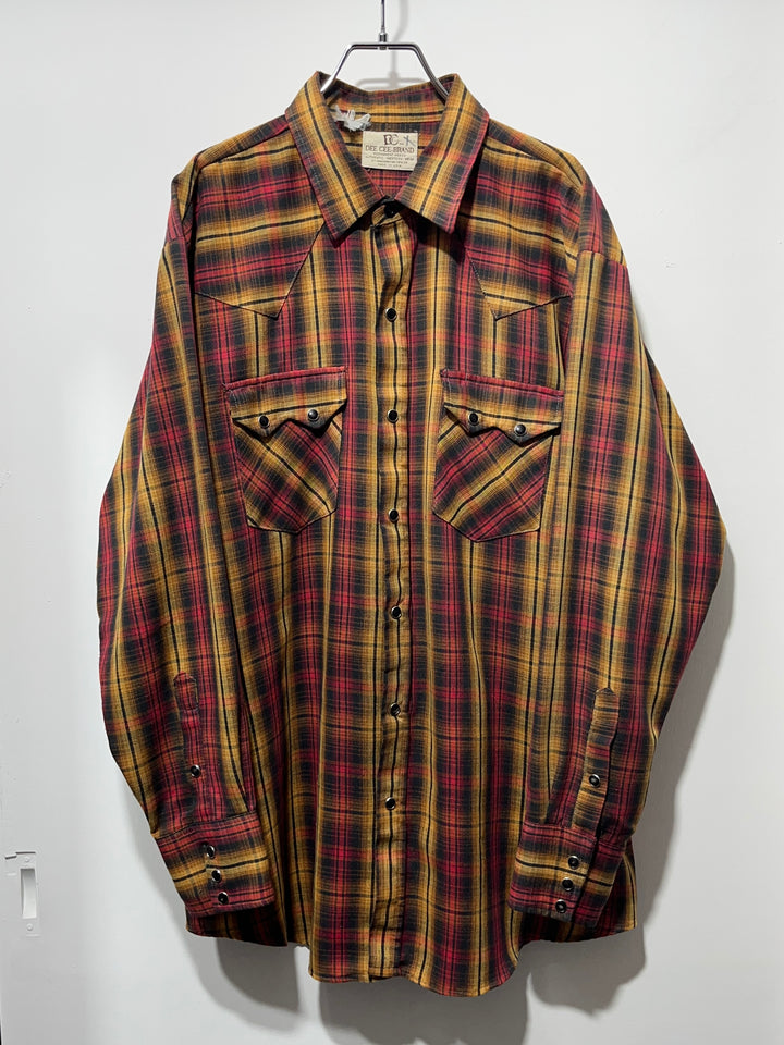 1970-80s USA made "Dee Cee" red × orange ombré check western shirt