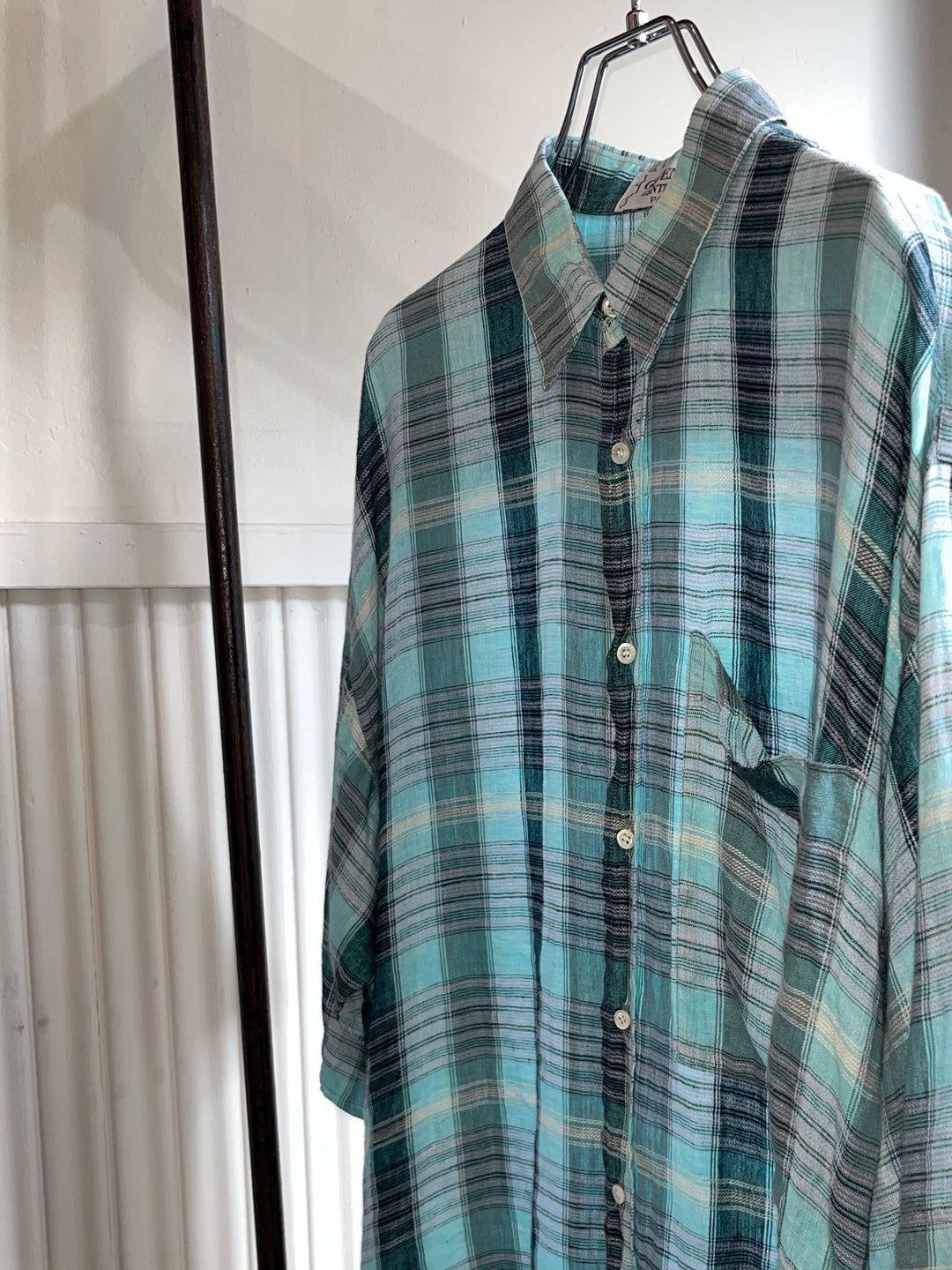 1970-80s "GIVENCHY" turquoise check linen s/s shirt