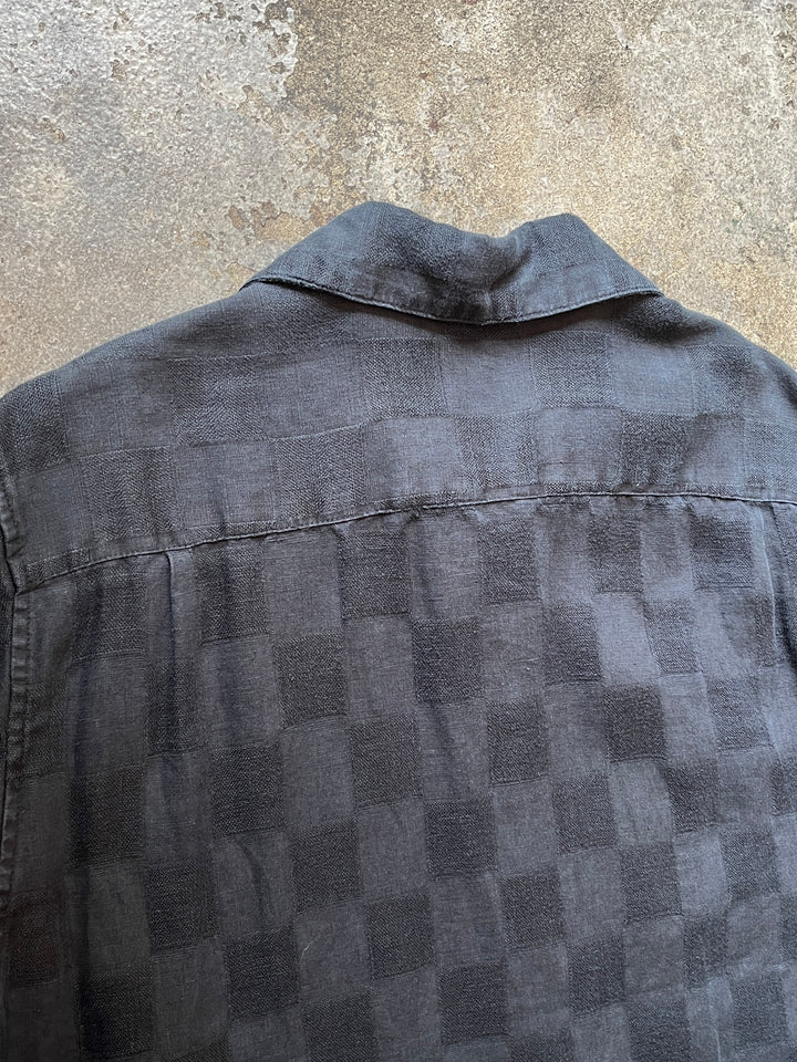 1990s black checkered pattern s/s linen shirt
