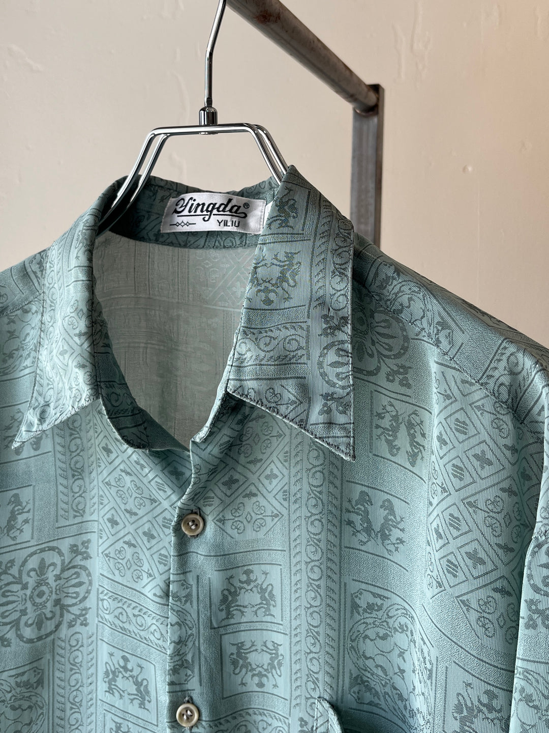 1990s mint green all-over pattern sheer s/s shirt