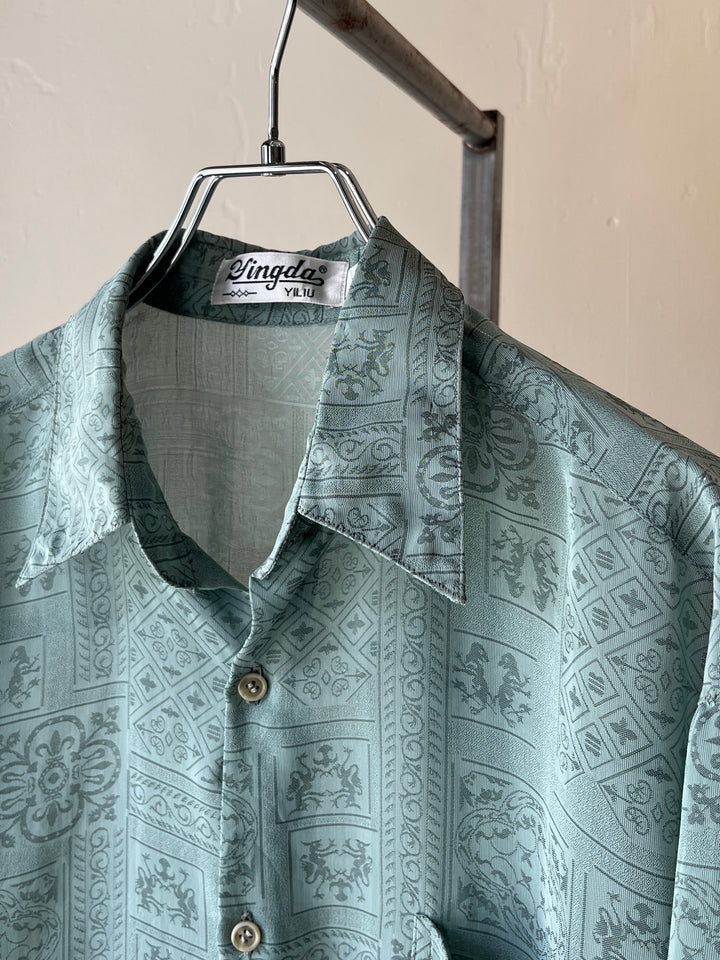 1990s mint green all-over pattern sheer s/s shirt