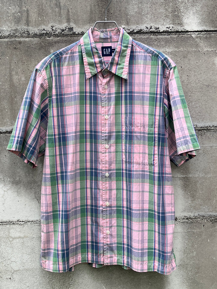 1990-00s "GAP" pink × green madras checkered s/s shirt