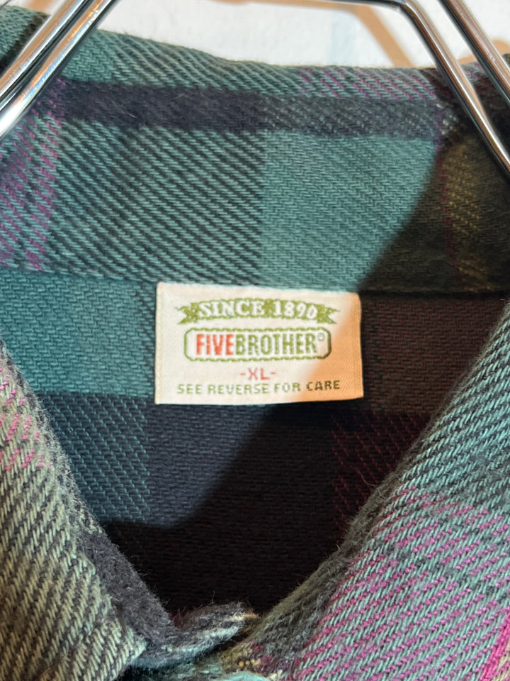 1990s "FIVE BROTHER" deep green × purple checkered flannel shirt
