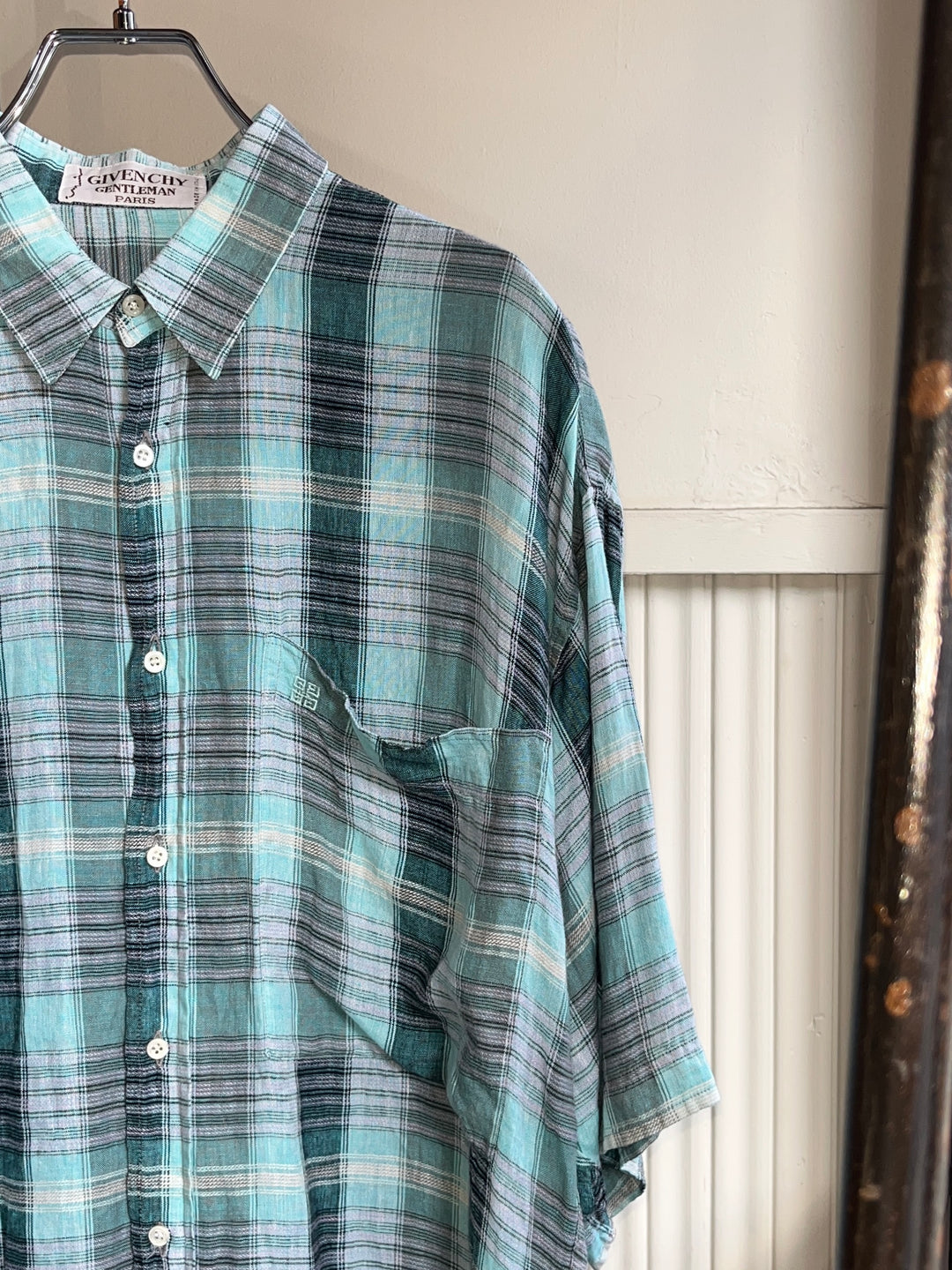 1970-80s "GIVENCHY" turquoise check linen s/s shirt