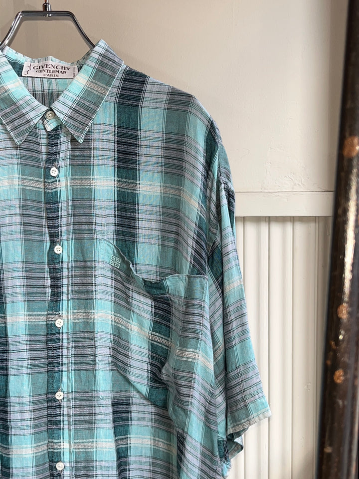 1970-80s "GIVENCHY" turquoise check linen s/s shirt