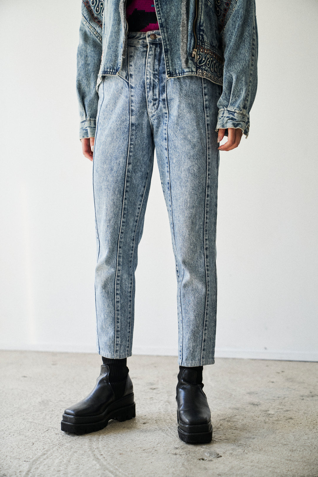 chemical wash design denim pants