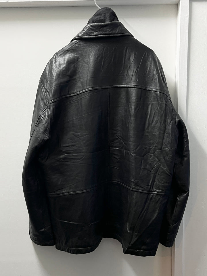 fleece collar black leather jacket