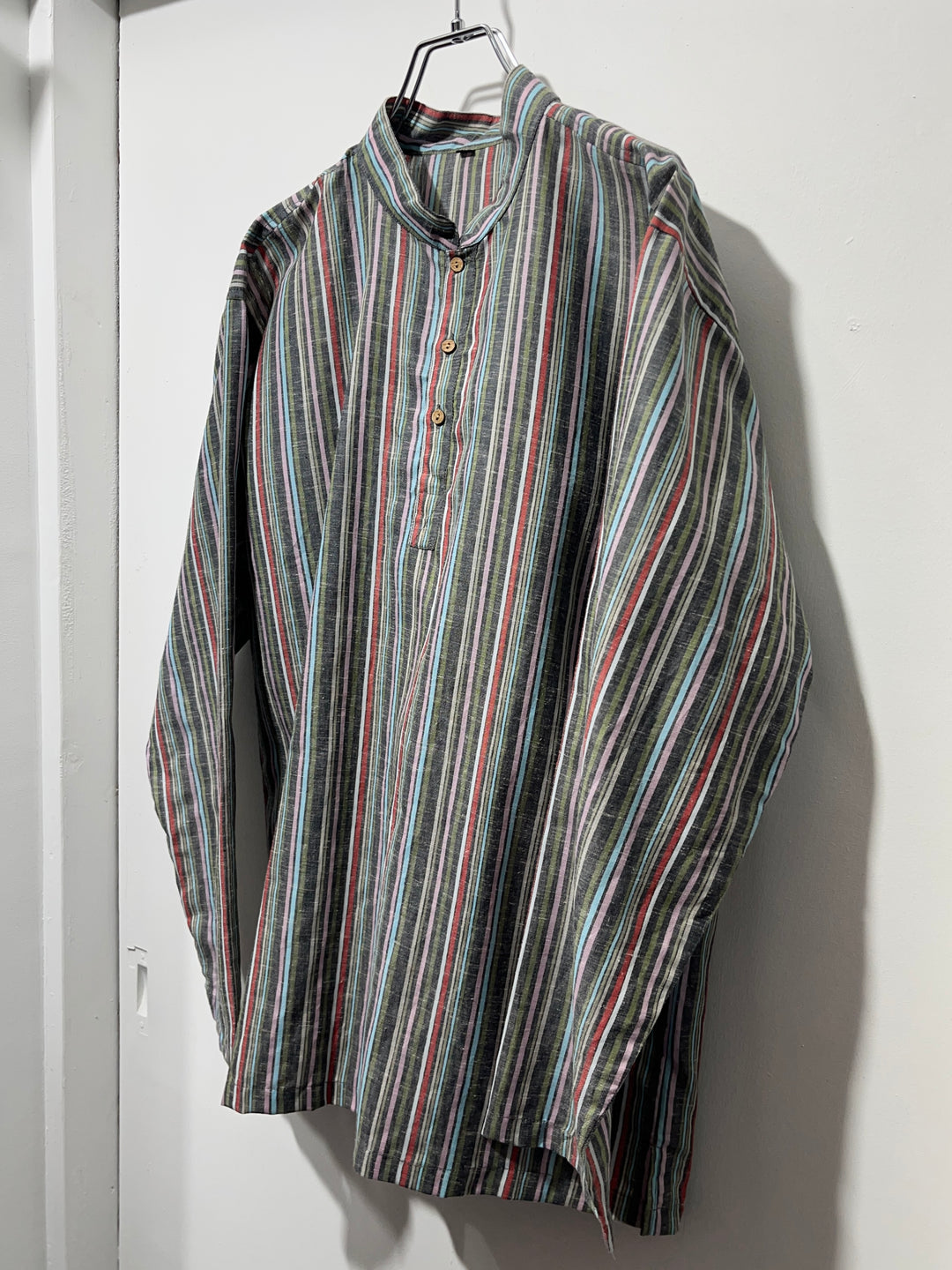 1990s multi stripe band-collar pullover shirt