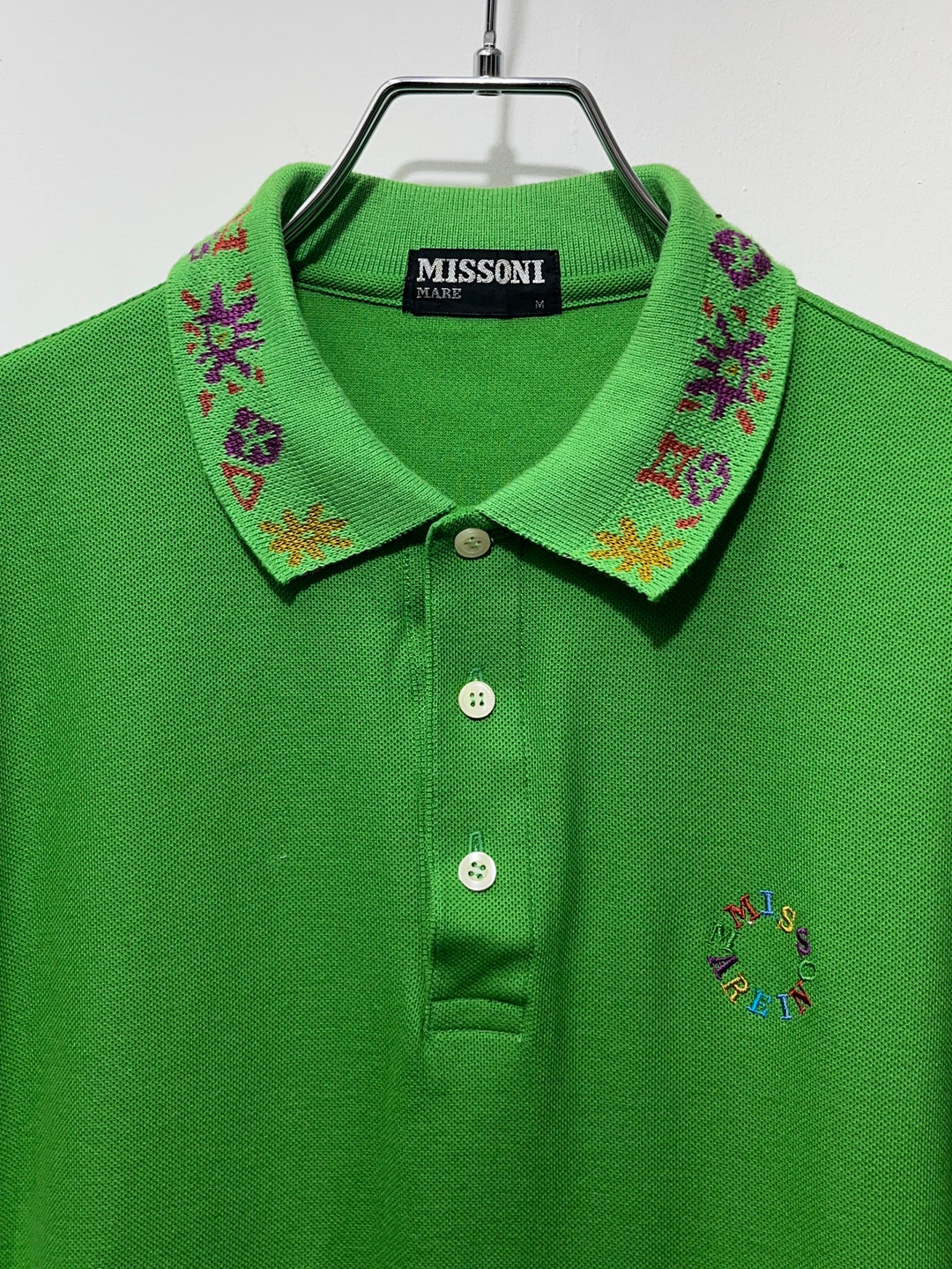 1990s "MISSONI" lime green embroidered collar L/S polo