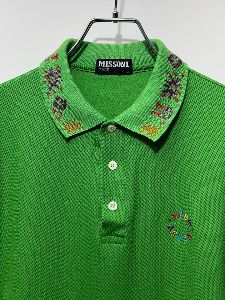 1990s "MISSONI" lime green embroidered collar L/S polo