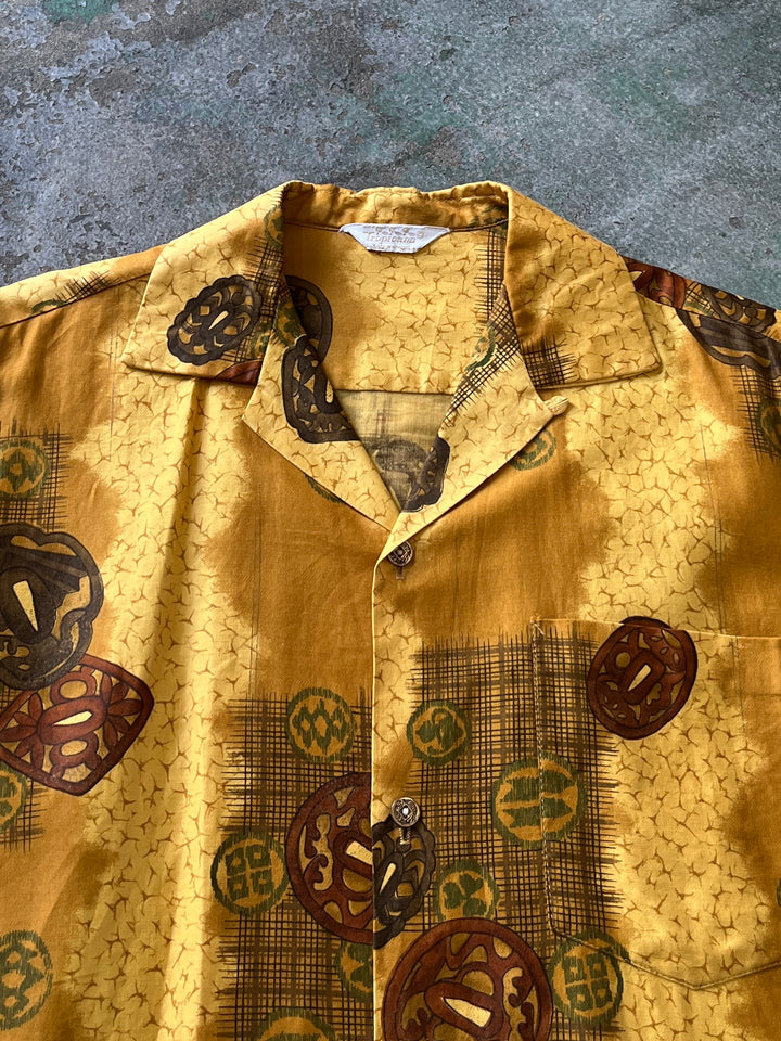 1960-70s all-over pattern s/s open collar shirt