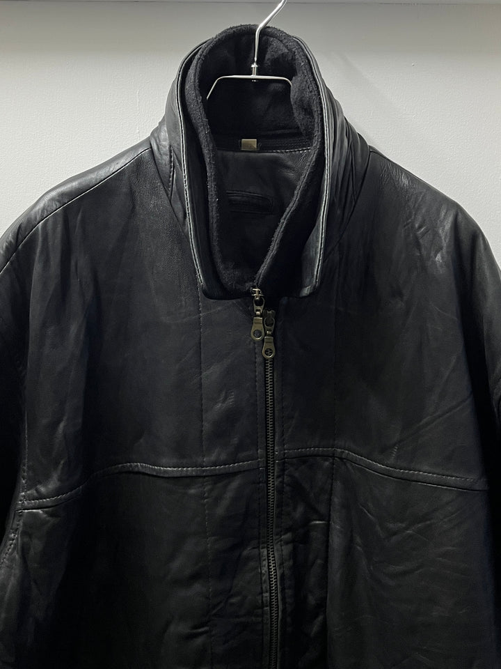 fleece collar black leather jacket