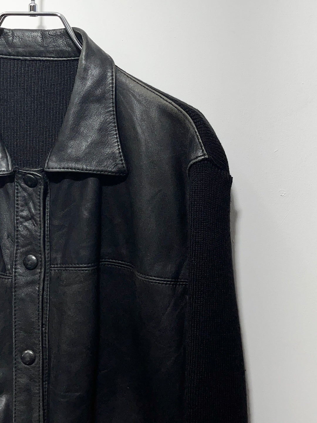 1990-00s black leather × knit switch design jacket