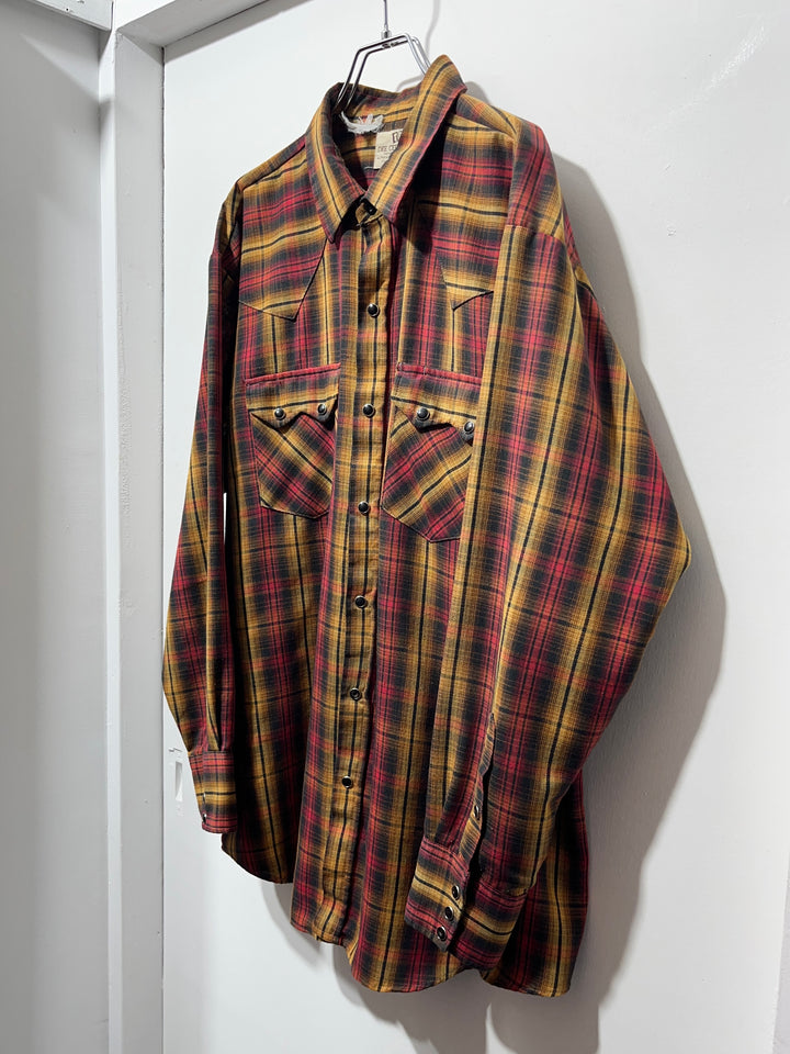 1970-80s USA made "Dee Cee" red × orange ombré check western shirt
