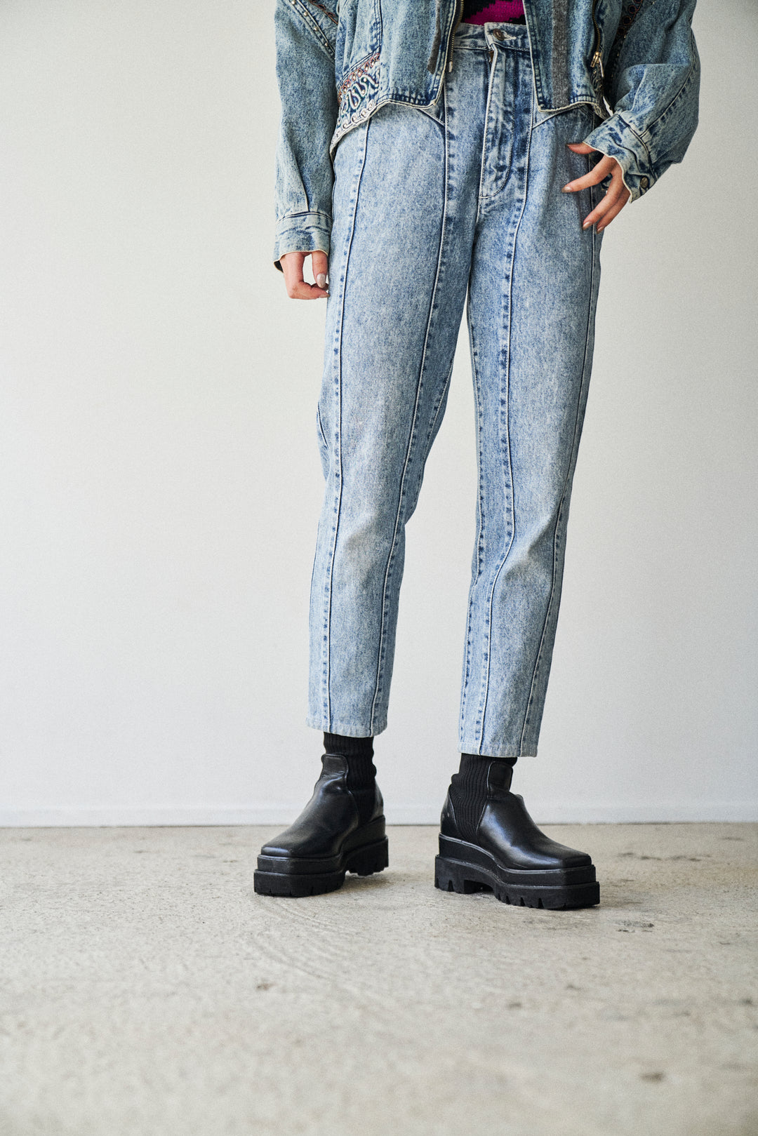 chemical wash design denim pants