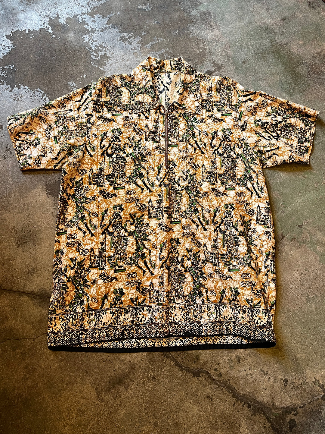 1950-60s oriental pattern half zip pullover s/s shirt