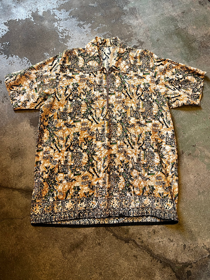 1950-60s oriental pattern half zip pullover s/s shirt