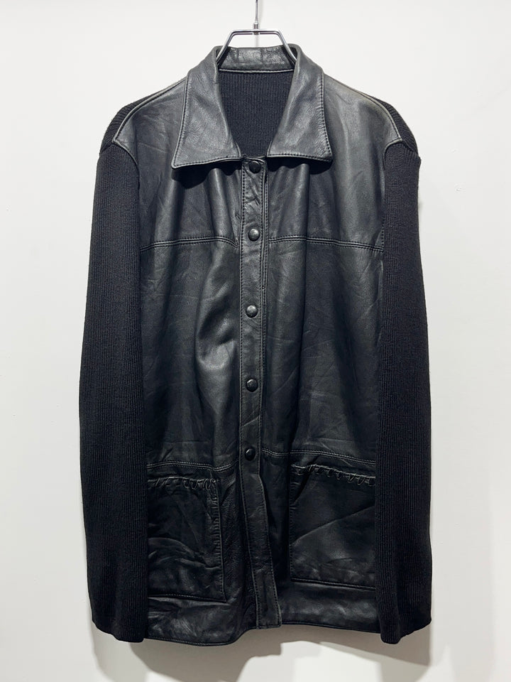 1990-00s black leather × knit switch design jacket