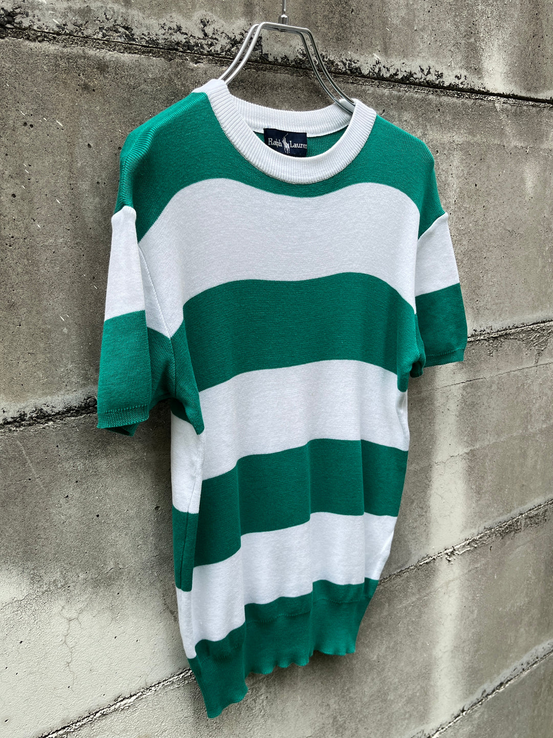 1990-00s "Ralph Lauren" green × white wide striped summer knit