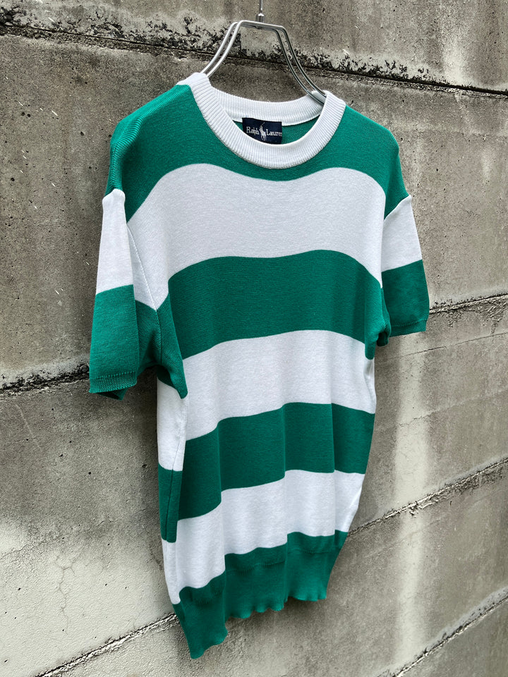 1990-00s "Ralph Lauren" green × white wide striped summer knit