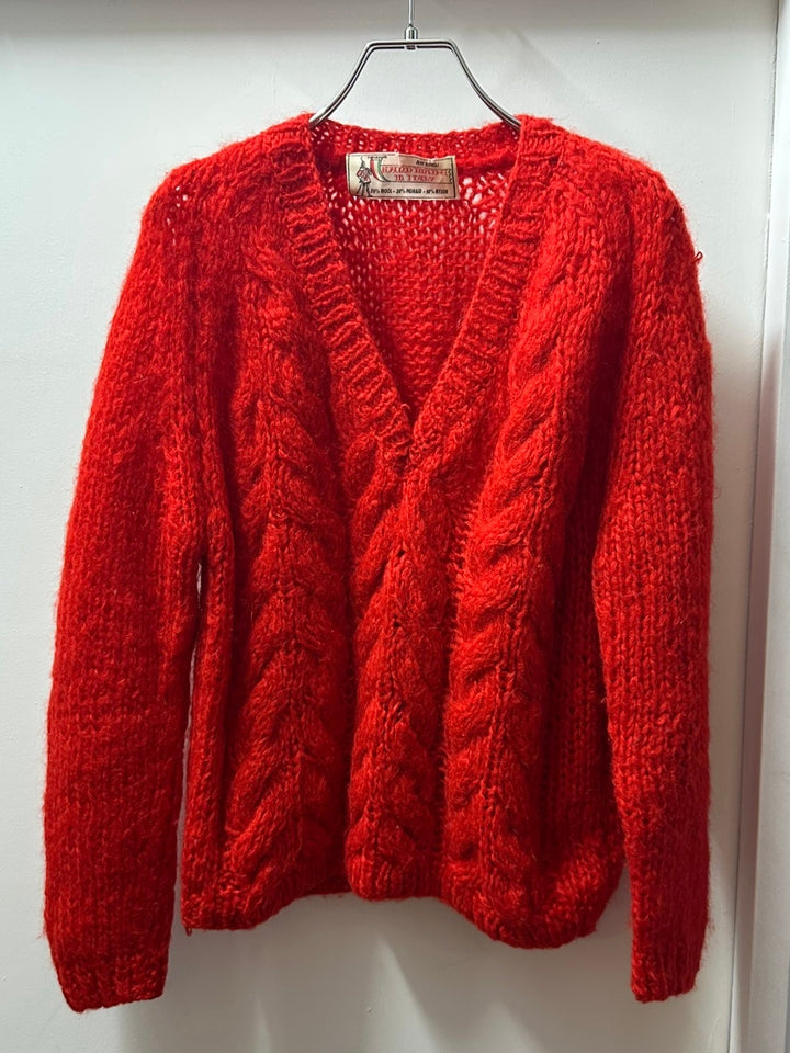 red color mohair mix shaggy cable knit