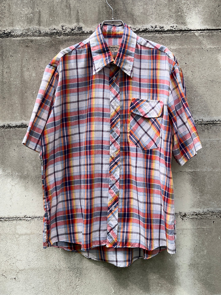 1980-90s red × orange × blue madras checkered s/s shirt