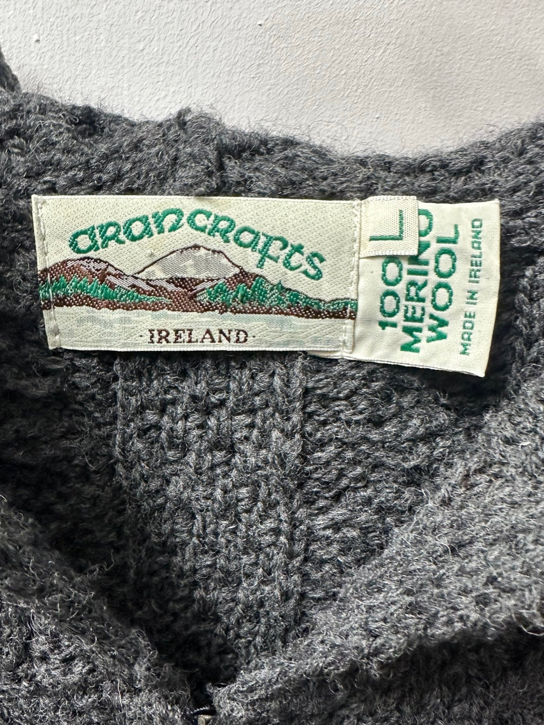 1980-90s IRELAND made dark gray full zip cable knitting hoodie