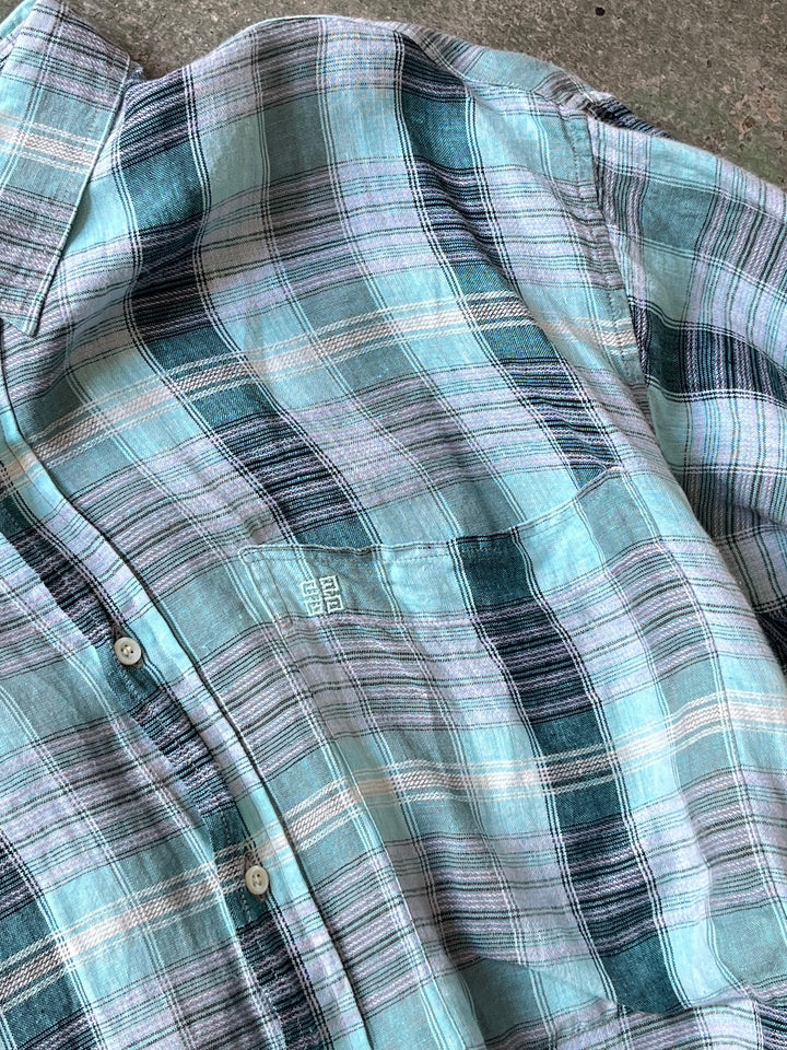 1970-80s "GIVENCHY" turquoise check linen s/s shirt
