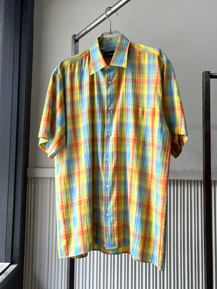 1990-00s bright color madras check s/s shirt