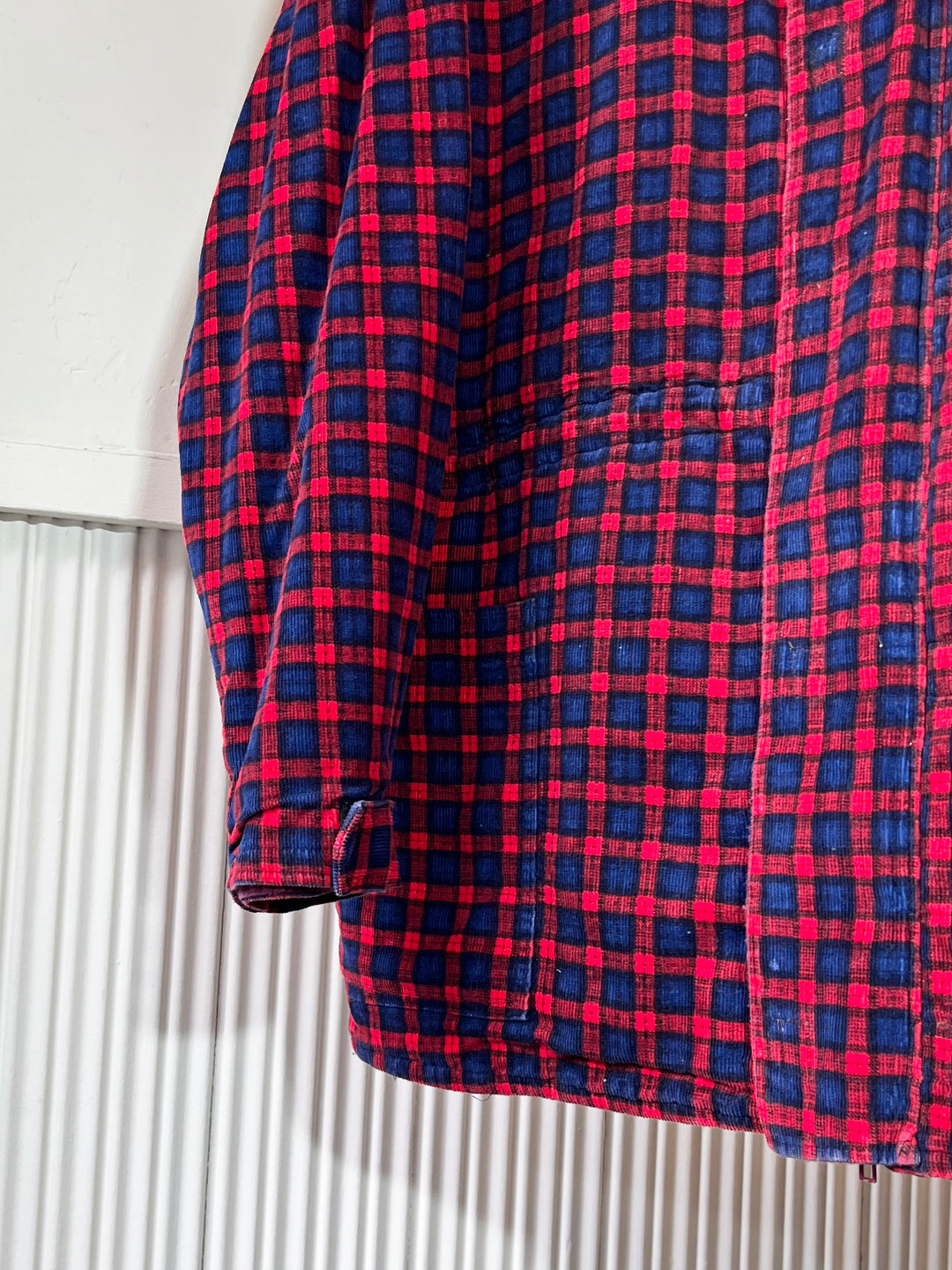 1980s red × navy check corduroy quilted zip jacket