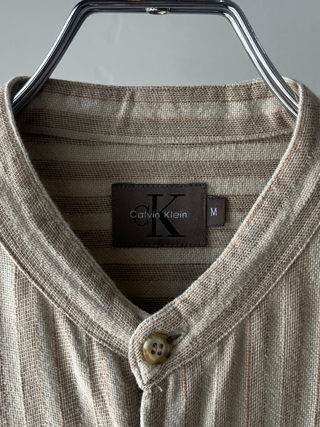 1990-00s "Calvin Klein" stripe band collar linen shirt