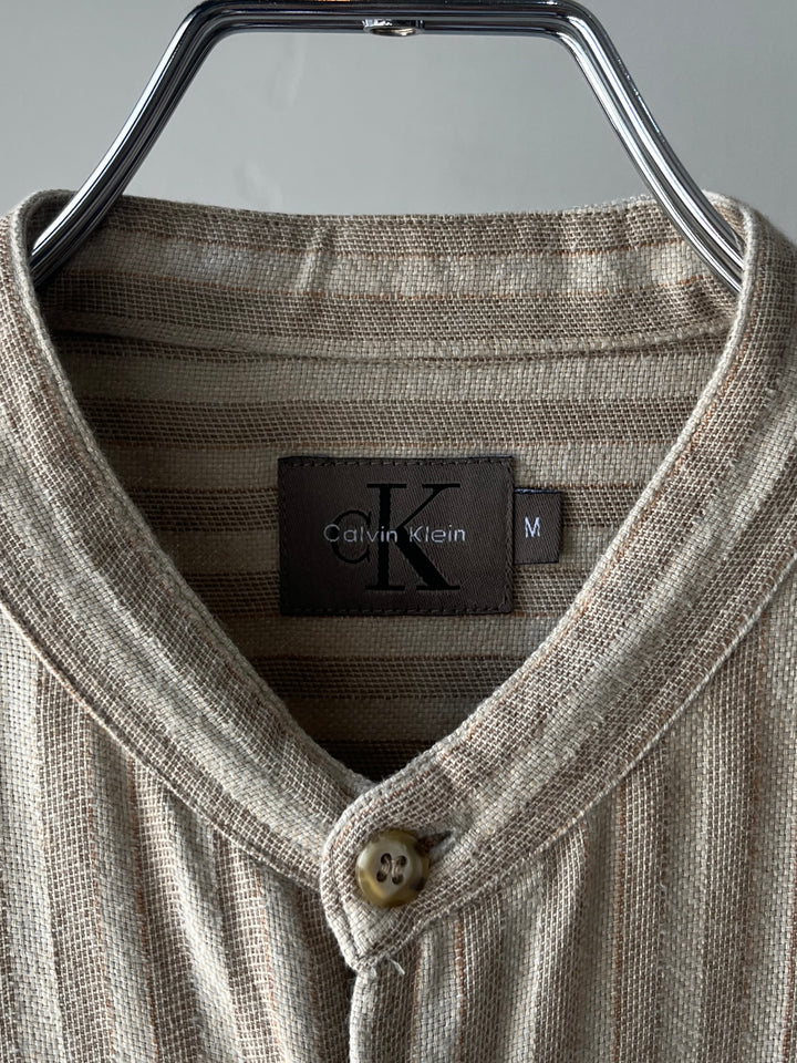 1990-00s "Calvin Klein" stripe band collar linen shirt