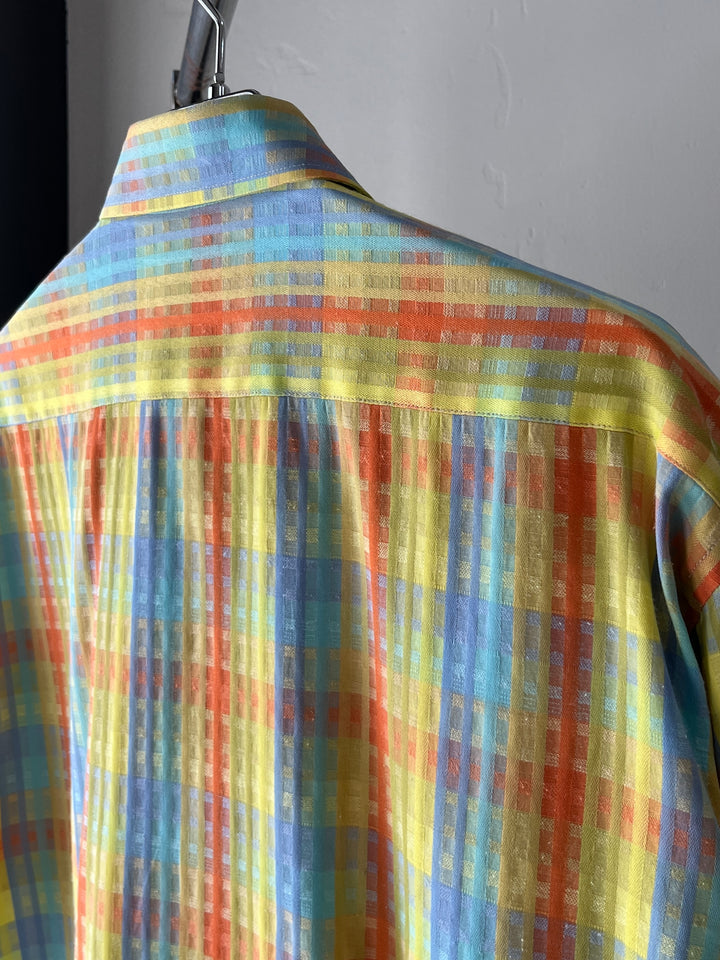 1990-00s bright color madras check s/s shirt