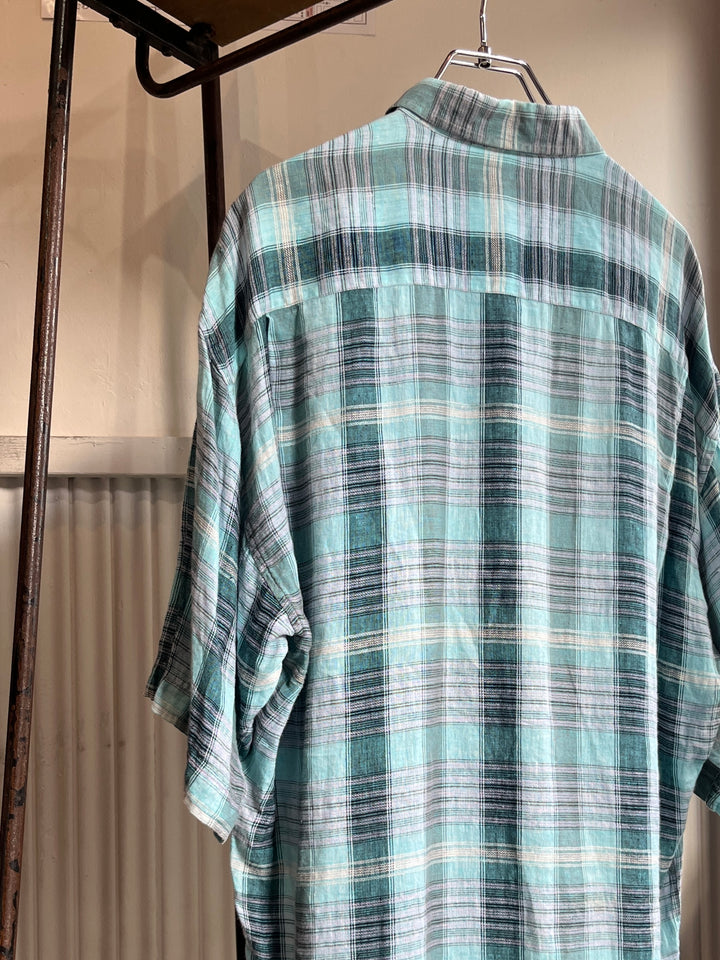 1970-80s "GIVENCHY" turquoise check linen s/s shirt
