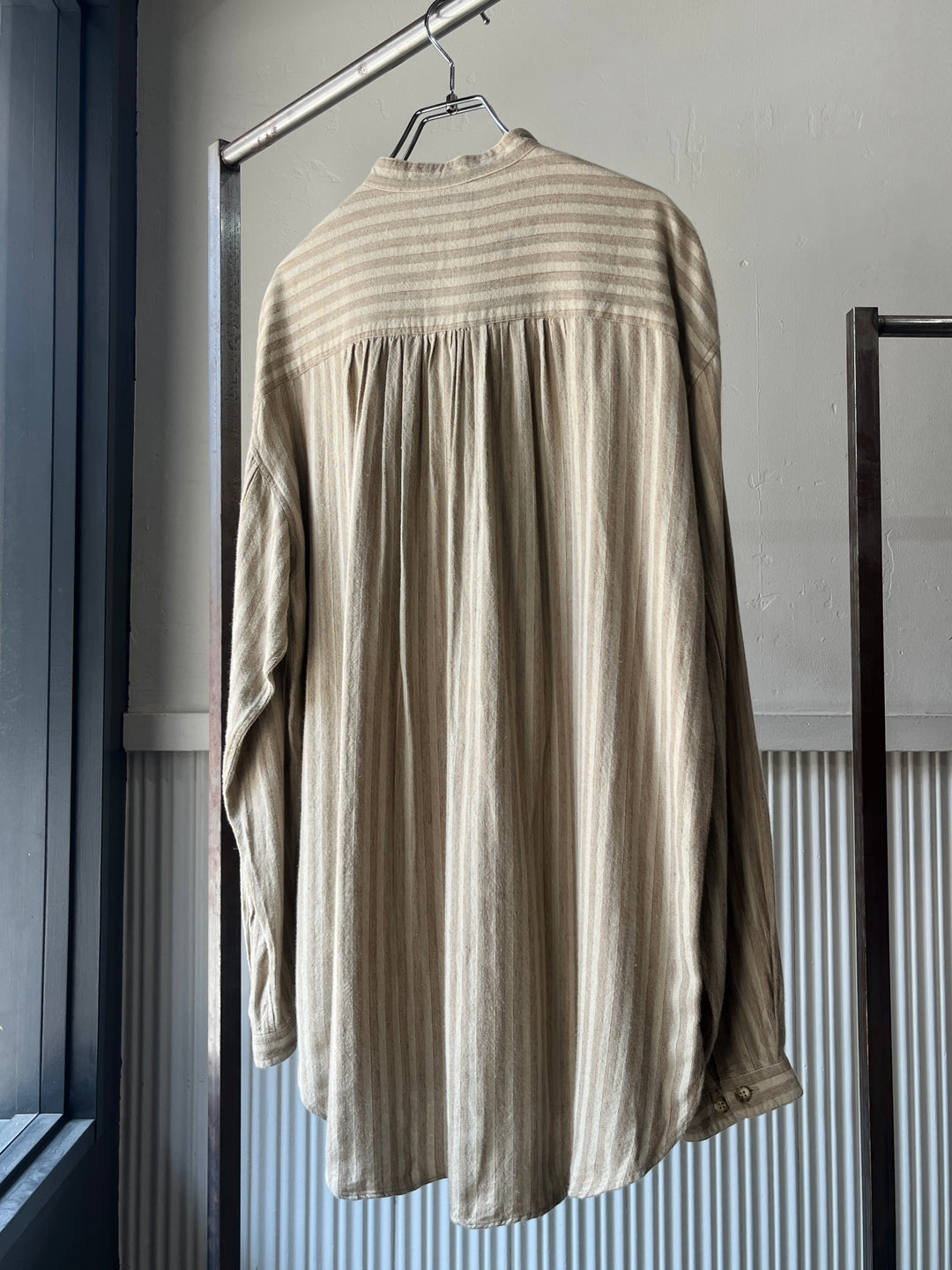 1990-00s "Calvin Klein" stripe band collar linen shirt