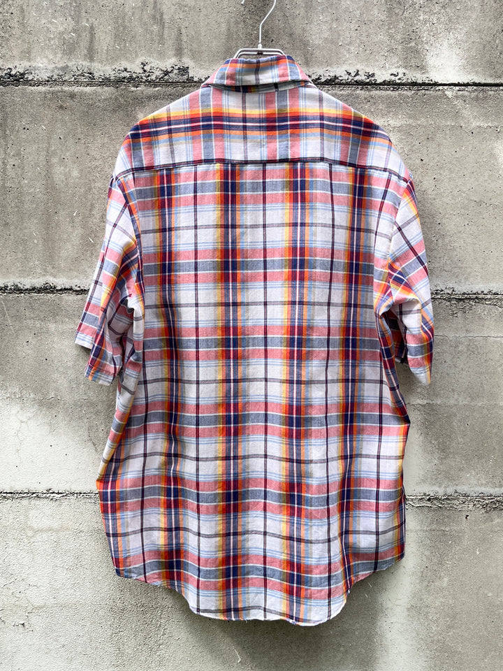 1980-90s red × orange × blue madras checkered s/s shirt