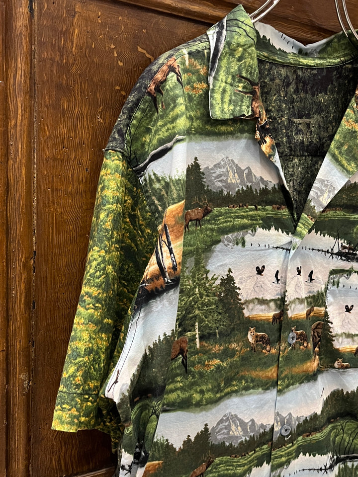 1980-90s wilderness all-over pattern open collar shirt