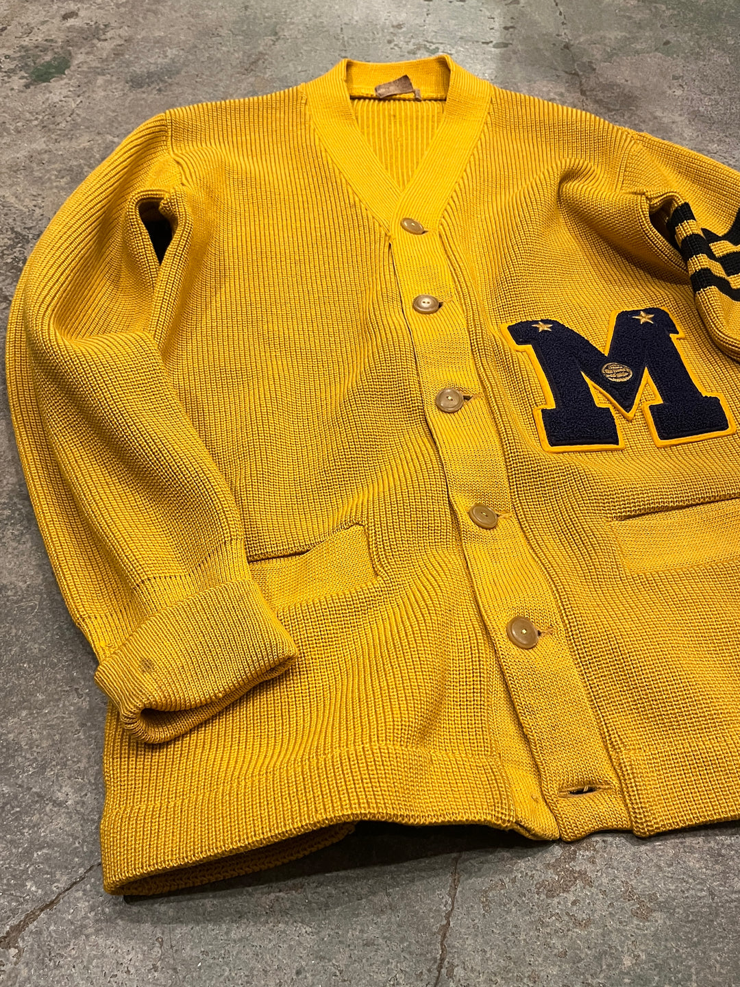 1950-60s mustard letterd knit cardigan