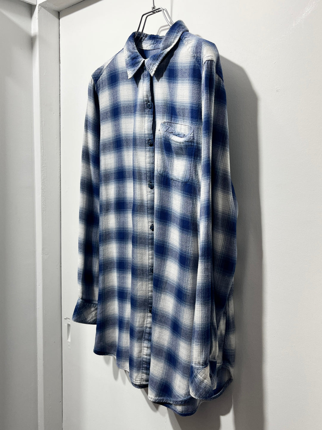 1990s blue × white ombré check flannel shirt