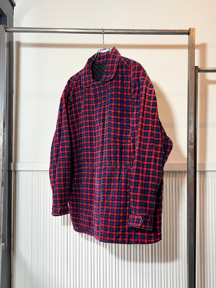 1980s red × navy check corduroy quilted zip jacket