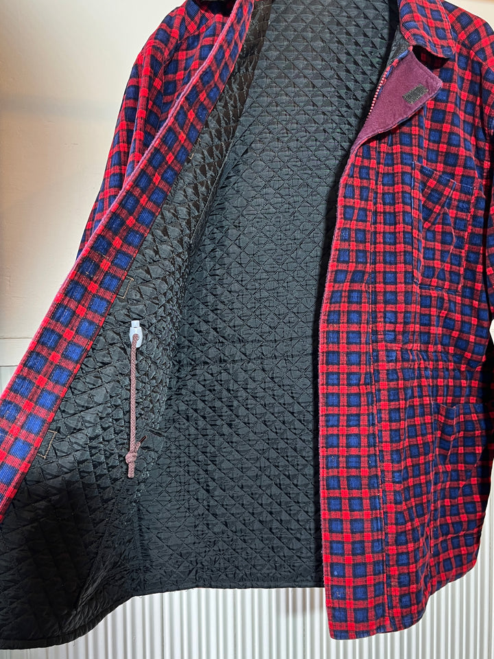 1980s red × navy check corduroy quilted zip jacket