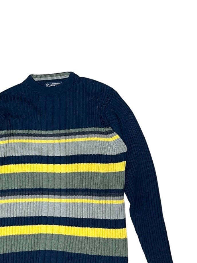 navy × khaki × yellow multi border knit