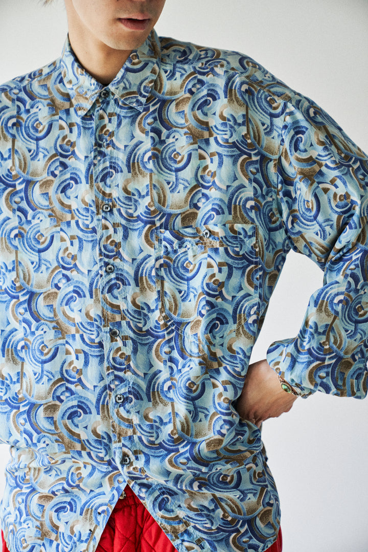 light blue × khaki total pattern silk shirt