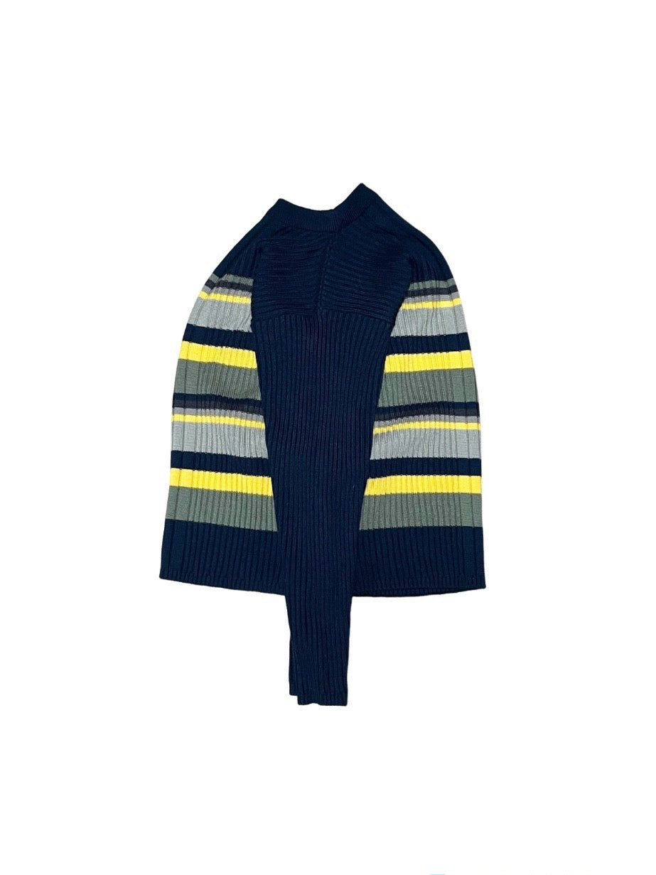 navy × khaki × yellow multi border knit