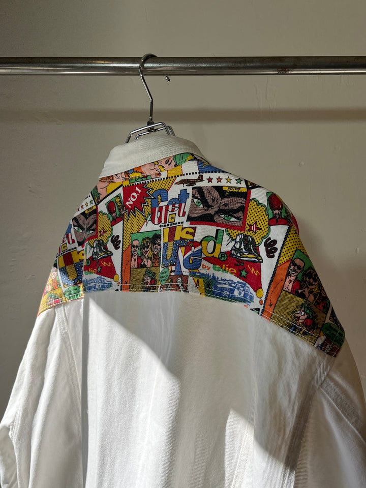 1980s "GET USED BY ELIY" pop art comic panel white denim jacket