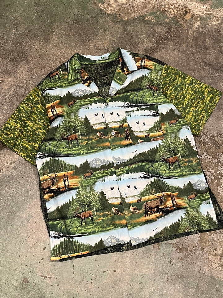 1980-90s wilderness all-over pattern open collar shirt