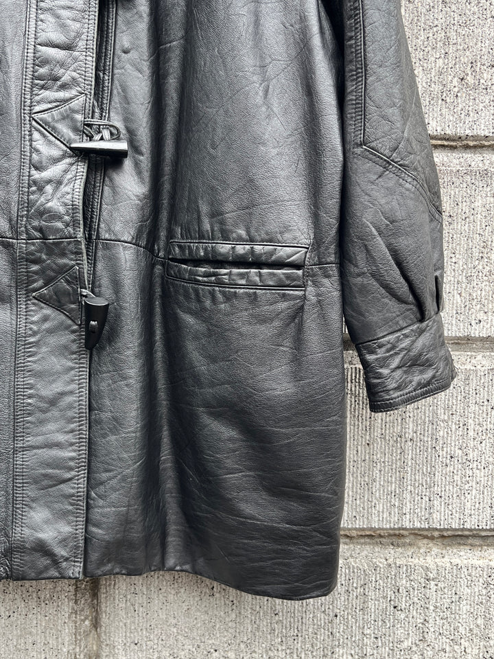 1980s toggle closure black leather coat