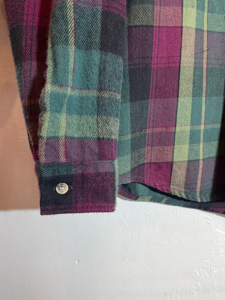 1990s "FIVE BROTHER" deep green × purple checkered flannel shirt