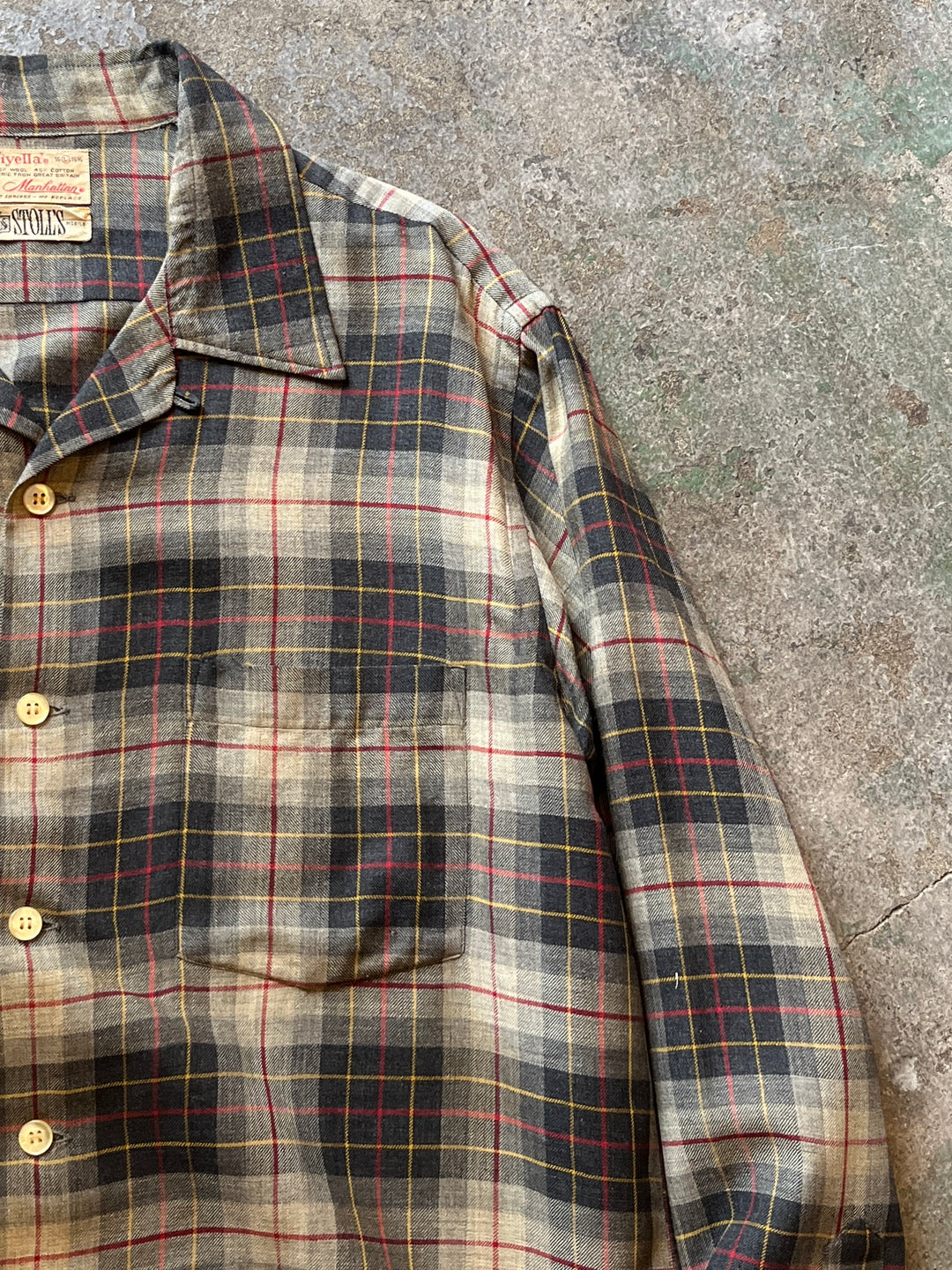 1960s "Manhattan" wool brend check open collar shirt