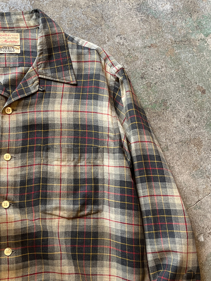 1960s "Manhattan" wool brend check open collar shirt